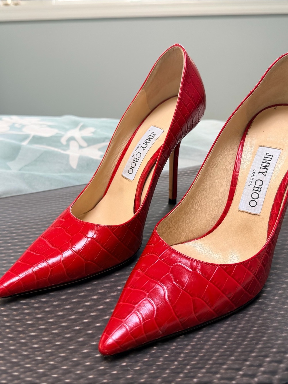 Jimmy Choo Red Croc-Embossed Stiletto Pumps
